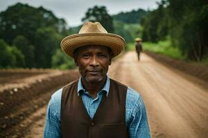 uma homem vestindo uma chapéu e colete em pé em uma sujeira estrada. gerado por IA foto