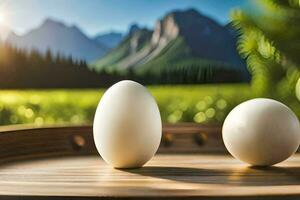 dois ovos em uma de madeira bandeja com montanhas dentro a fundo. gerado por IA foto
