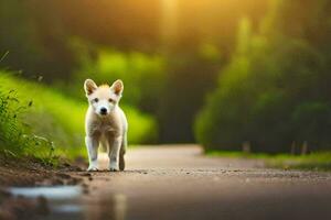 uma branco cachorro caminhando em uma estrada dentro a meio do uma campo. gerado por IA foto