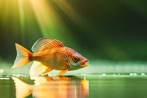 uma peixe é em pé em a água com luz solar brilhando. gerado por IA foto