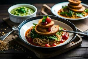 uma prato do espaguete com carne e legumes. gerado por IA foto