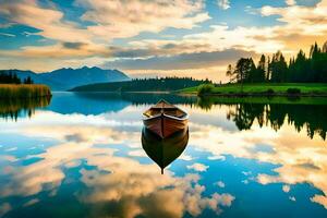 uma barco é flutuando em uma calma lago às pôr do sol. gerado por IA foto