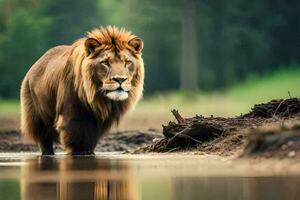 uma leão caminhando ao longo uma rio dentro a selvagem. gerado por IA foto