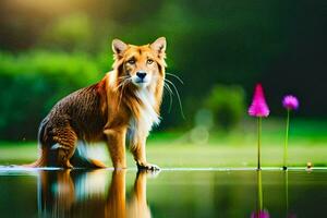 uma cachorro em pé em a Beira do uma lago com flores gerado por IA foto