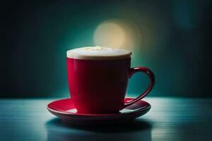 uma vermelho copo do café em uma pires. gerado por IA foto