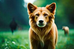 uma cachorro é em pé dentro a grama. gerado por IA foto