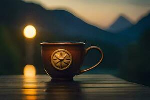 uma café copo em uma de madeira mesa dentro frente do uma montanha. gerado por IA foto