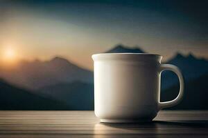 café caneca em de madeira mesa com montanhas dentro a fundo. gerado por IA foto