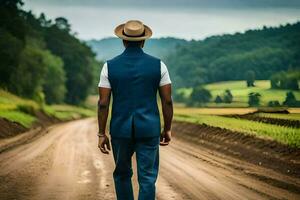 uma homem dentro uma chapéu e colete caminhando baixa uma sujeira estrada. gerado por IA foto