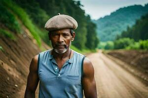 uma homem vestindo uma chapéu carrinhos em uma sujeira estrada. gerado por IA foto