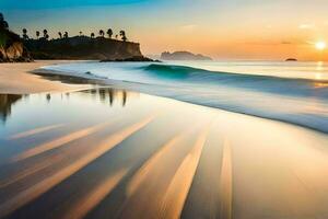 uma de praia com ondas e uma pôr do sol. gerado por IA foto