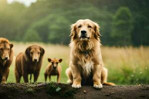 uma grupo do cachorros e uma cachorro estão em pé dentro uma campo. gerado por IA foto