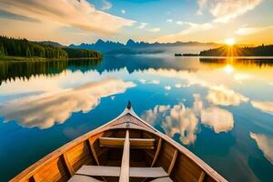 a barco é em a calma lago às pôr do sol. gerado por IA foto