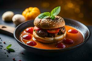 uma Hamburger com molho e legumes dentro uma tigela. gerado por IA foto