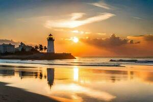 a Sol conjuntos sobre uma farol em uma de praia. gerado por IA foto