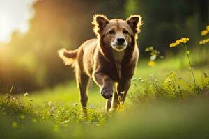 uma cachorro corrida através uma campo com a Sol brilhando. gerado por IA foto