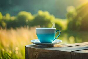 uma copo do café em uma de madeira mesa dentro a manhã. gerado por IA foto