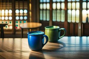 dois canecas do café em uma de madeira mesa. gerado por IA foto