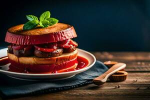 uma sanduíche com carne e molho em uma placa. gerado por IA foto