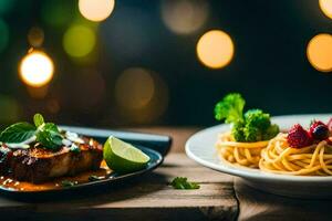 dois pratos com Comida em uma mesa. gerado por IA foto