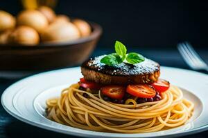 uma prato do espaguete com carne e tomates. gerado por IA foto