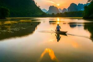 uma homem dentro uma barco em uma rio às pôr do sol. gerado por IA foto