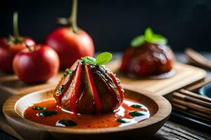 uma prato com uma tomate e uma tigela do molho. gerado por IA foto