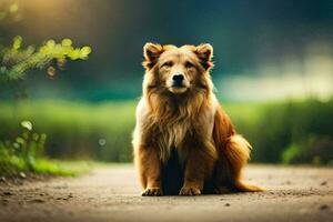 uma cachorro sentado em a estrada dentro a meio do uma campo. gerado por IA foto