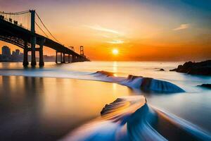 uma ponte sobre a oceano com ondas falhando para dentro isto. gerado por IA foto