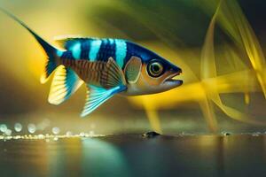 uma peixe com azul e amarelo listras é natação dentro a água. gerado por IA foto