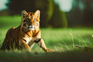 uma tigre caminhando através uma gramíneo campo. gerado por IA foto