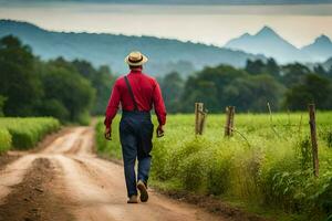 uma homem dentro uma vermelho camisa e chapéu caminhando baixa uma sujeira estrada. gerado por IA foto