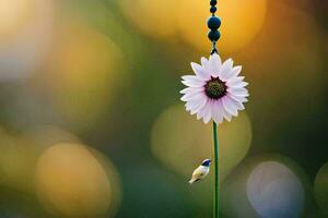 uma pássaro é sentado em uma flor suspensão a partir de uma corda. gerado por IA foto