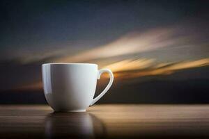 uma café copo senta em uma mesa dentro frente do uma noite céu. gerado por IA foto