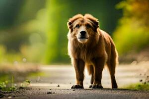 uma cachorro é em pé em a estrada dentro a meio do uma floresta. gerado por IA foto