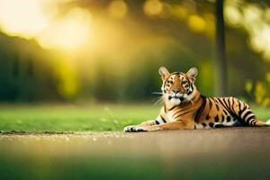 uma tigre é deitado em a terra dentro a Sol. gerado por IA foto