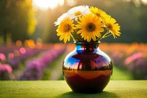 uma vaso com amarelo e branco flores em uma gramíneo campo. gerado por IA foto