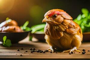 uma frango com uma vermelho cabeça e verde penas. gerado por IA foto