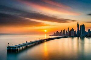 a Sol conjuntos sobre a cidade Horizonte dentro dubai. gerado por IA foto