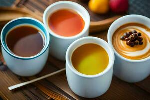 quatro copos do café com diferente cores. gerado por IA foto