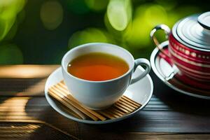uma copo do chá e uma chaleira em uma de madeira mesa. gerado por IA foto