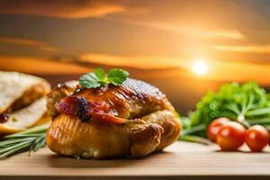 frango com tomates e pão em a mesa. gerado por IA foto