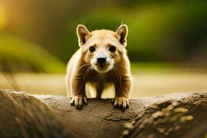 uma pequeno animal é em pé em topo do uma registro. gerado por IA foto