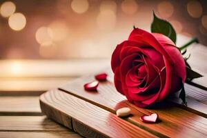 a rosa é em a mesa com uma coração em forma objeto. gerado por IA foto