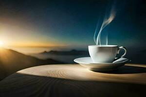 uma copo do café em uma mesa dentro a manhã. gerado por IA foto