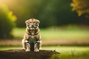 uma tigre sentado em topo do uma colina. gerado por IA foto