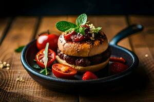 uma Hamburger com tomates e ervas dentro uma frigideira. gerado por IA foto