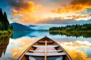 uma barco em a lago às pôr do sol. gerado por IA foto