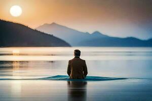 uma homem sentado em uma prancha de surfe dentro a meio do uma lago às pôr do sol. gerado por IA foto