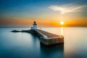 uma grandes exposição fotografia do uma farol às pôr do sol. gerado por IA foto